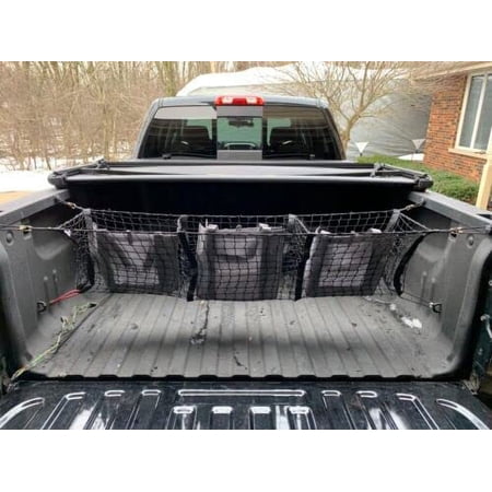 EACCESSORIES EA Trunk Organizer Cargo Net for RAM 1500 2008-2018 – 3 Pockets Style Cargo Net for Pickup – Premium Mesh Elastic Car Trunk OrganizerVehicle Carrier Storage – Compatible with RAM 1500