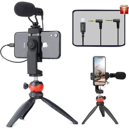 EACHSHOT Smartphone Vlogging Kit with Microphone Tripod Dongle Compatible iPhone 12 Mini Pro Max 11 Pro XS XR iOS Devices Android - Microphone for Video Recording Vlog Live Streaming YouTube TikTok