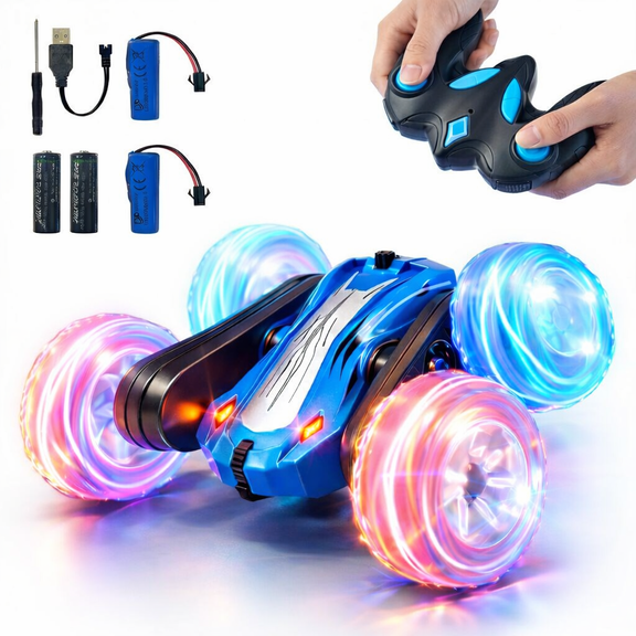 EACOPOL RC Car for Kids 4WD LED Flashing Lights, 360 Stunt & Drift Remote Control Toy, Rechargeable, Perfect Christmas Gift (Blue)