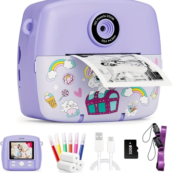 EACOPOL Kids Digital Camera with 32GB SD Card, 12MP Photo & 1080P Video, Cute Unicorn Case, 2.4" IPS Screen, Games, Filters & Frames, Rechargeable Toy Camera for Girls & Boys Ages 310 (Purple)