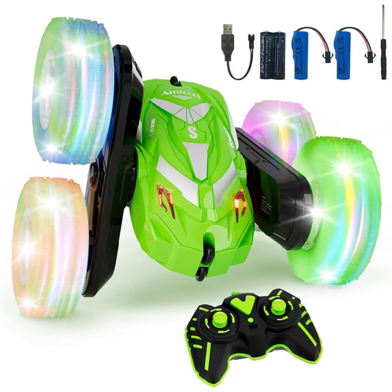 EACOPOL RC Stunt Car for Kids, 4WD Remote Control Car with LED Light-Up Wheels, 360° Rotation & 180° Flip, 2.4GHz Off-Road Toy Car for Boys & Girls Ages 3–10 (Green)