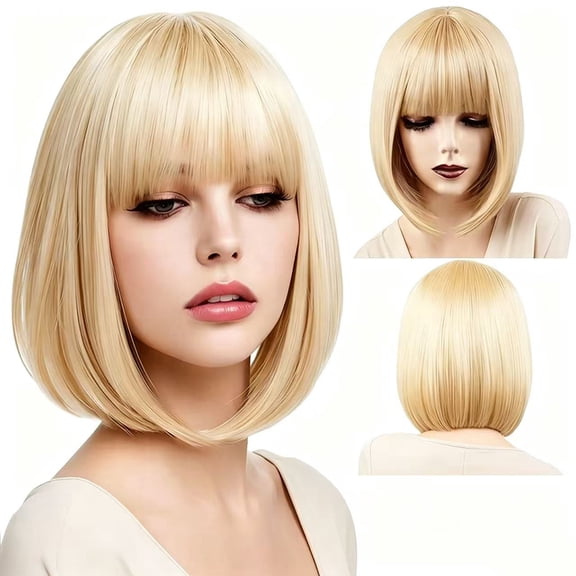 EAEABJ Short Straight Bob Wig with Bangs for Women, 12 Inch Golden yellow Synthetic