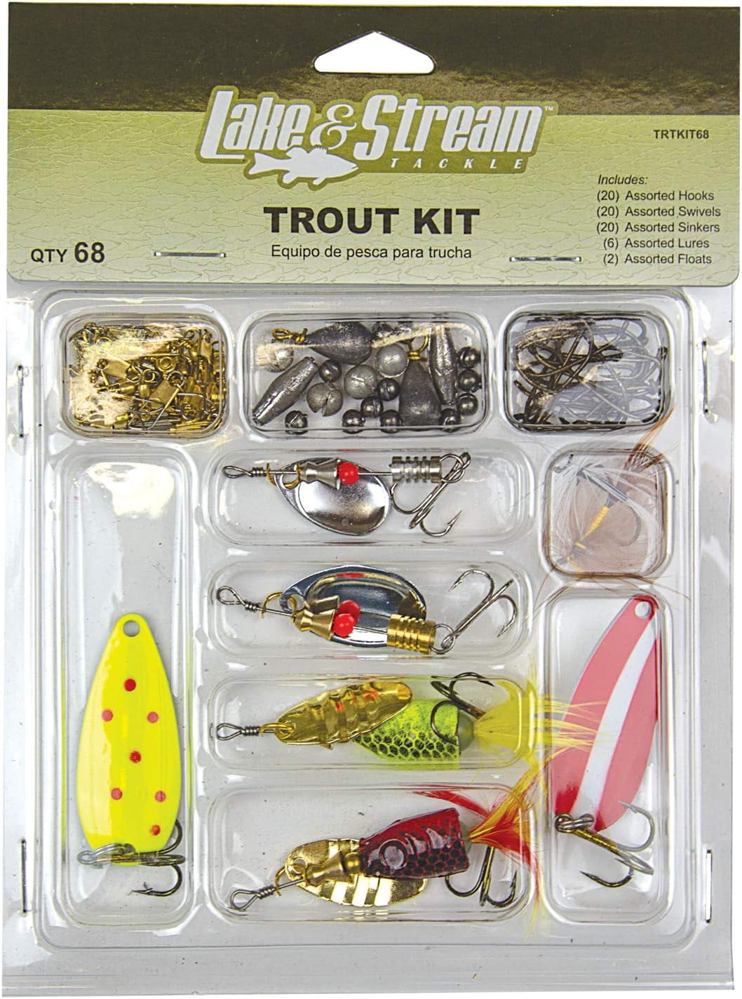 EAGLE CLAW TROUT TACKLE KIT, 68 PIECES, CONTAINS ASSORTMENT OF HOOKS