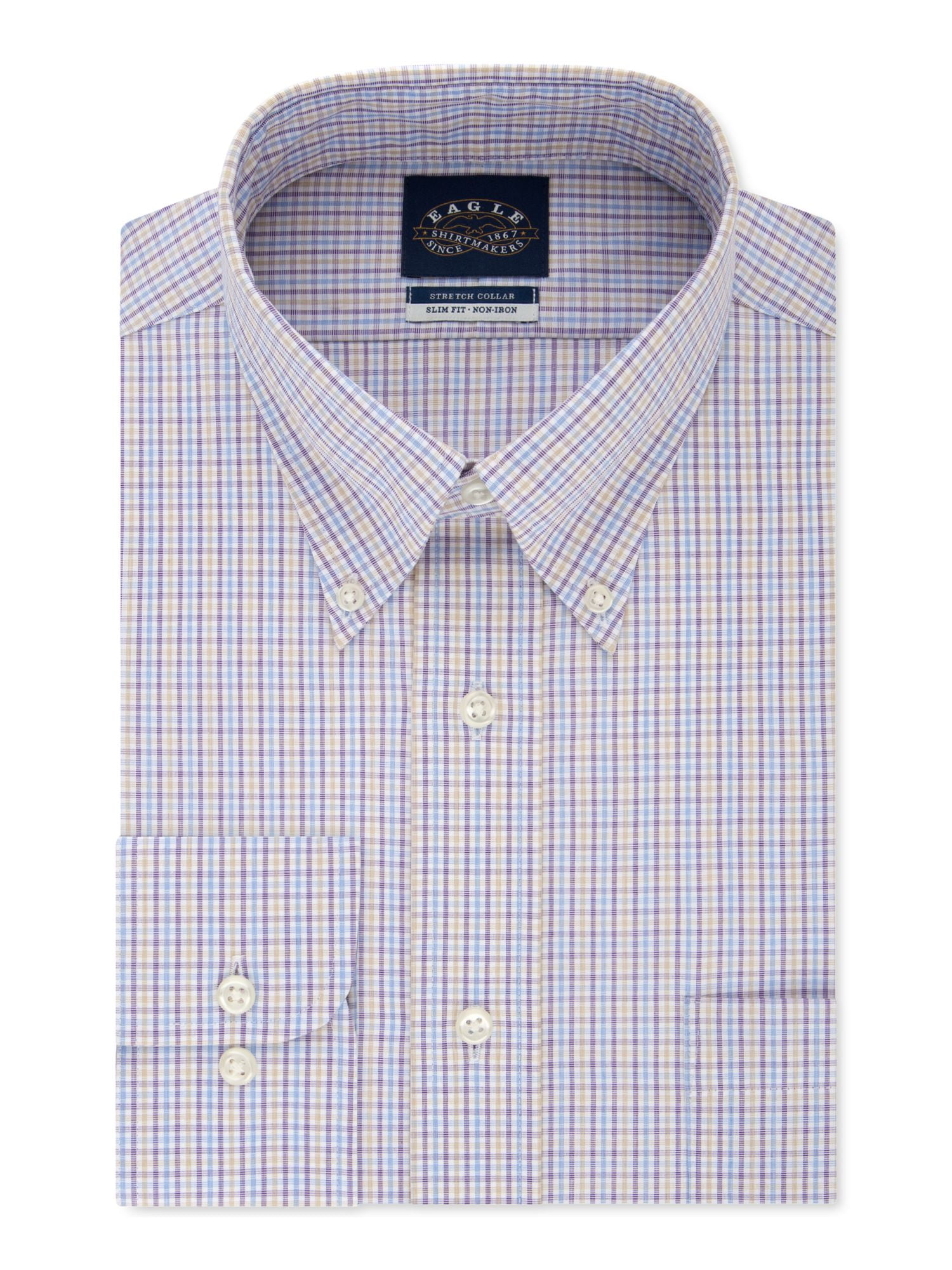 EAGLE Mens Purple Tattersall Point Collar Slim Fit Non Iron Dress Shirt