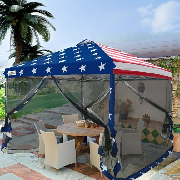 EAGLE PEAK 10 x 10 Outdoor Easy Pop up Canopy with Netting, Instant Screen Party Tent with Mesh Side Walls, American Flag