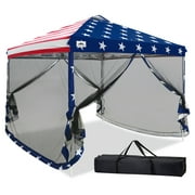 EAGLE PEAK 10 x 10 Outdoor Easy Pop up Canopy with Netting, Instant Screen Party Tent with Mesh Side Walls, American Flag