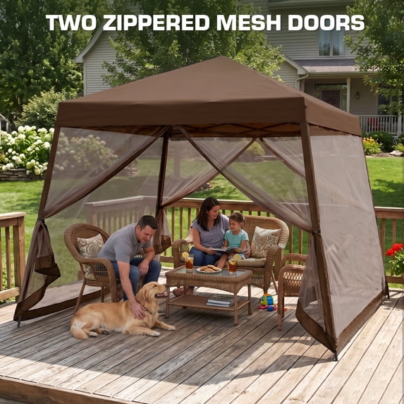 EAGLE PEAK 10x10ft Slant Leg Easy Setup Pop Up Canopy Tent with Mosquito Netting 64 sqft of Shade, Brown