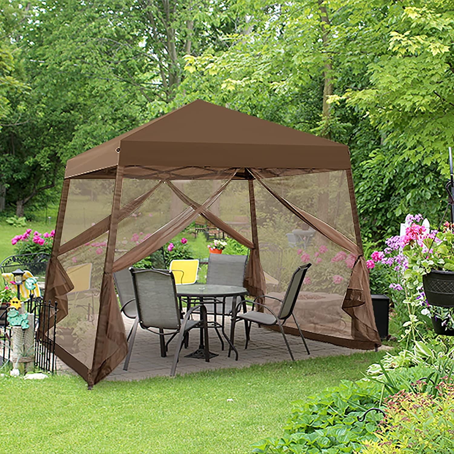 EAGLE PEAK 10x10ft Slant Leg Easy Setup Pop Up Canopy Tent with Mosquito Netting 64 sqft of Shade, Brown