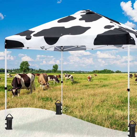 EAGLE PEAK 10 x 10 ft Pop Up Canopy Tent Instant Outdoor Canopy Straight Leg Shelter with Adjustable Height and Wheeled Carrying Bag(Cow Print)