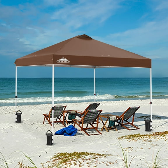 EAGLE PEAK 10 x 10 ft Pop Up Canopy Tent Instant Outdoor Canopy Straight Leg Shelter with Adjustable Height and Wheeled Carrying Bag (Dark Brown)
