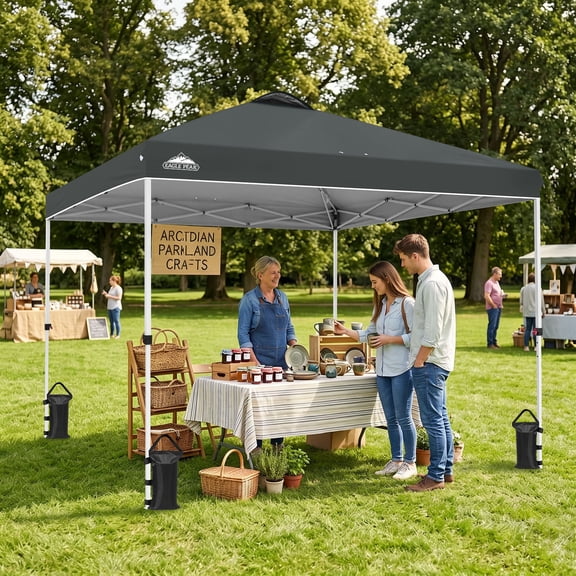 EAGLE PEAK 10 x 10 ft Pop Up Canopy Tent Instant Outdoor Canopy Straight Leg Shelter with Adjustable Height and Wheeled Carrying Bag (Gray)