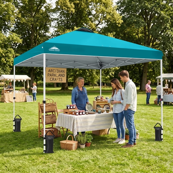 EAGLE PEAK 10 x 10 ft Pop Up Canopy Tent Instant Outdoor Canopy Straight Leg Shelter with Adjustable Height and Wheeled Carrying Bag (Turquoise)