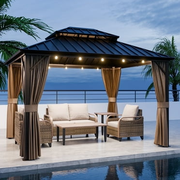 EAGLE PEAK 10'x 12' Outdoor Patio Hardtop Gazebo with Aluminum Frame, Galvanized Steel Double Roof with Netting and Curtains for Garden, Yard, Lawns, Brown