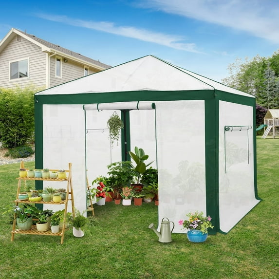 EAGLE PEAK 10x10 Portable Walk in Greenhouse , Heavy Duty Instant Pop Up Green House, Front Roll Up Zipper Entry Door and Mesh Windows, Green/White