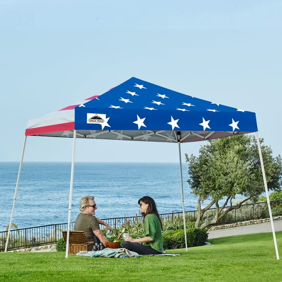EAGLE PEAK 10x10 Slant Leg Pop Up Canopy Tent Easy One Person Setup Instant Outdoor Beach Canopy Folding Portable Sports Shelter 10x10 Base 8x8 Top(American Flag)