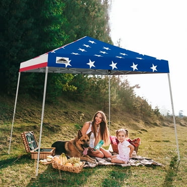 EAGLE PEAK 10x10 Slant Leg Pop Up Canopy Tent Easy One Person Setup Instant Outdoor Beach Canopy Folding Portable Sports Shelter 10x10 Base 8x8 Top(American Flag)