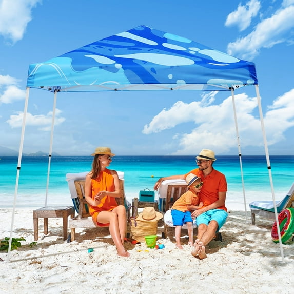 EAGLE PEAK 10x10 Slant Leg Pop Up Canopy Tent Easy One Person Setup Instant Outdoor Beach Canopy Folding Portable Sports Shelter 10x10 Base 8x8 Top(Blue Abstract)