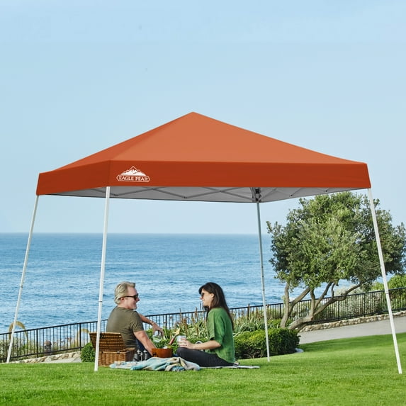 EAGLE PEAK 10x10 Slant Leg Pop Up Canopy Tent Easy One Person Setup Instant Outdoor Beach Canopy Folding Portable Sports Shelter 10x10 Base 8x8 Top(Brick Red)