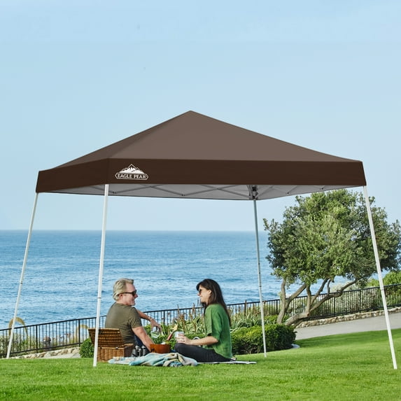EAGLE PEAK 10x10 Slant Leg Pop Up Canopy Tent Easy One Person Setup Instant Outdoor Beach Canopy Folding Portable Sports Shelter 10x10 Base 8x8 Top(Brown)