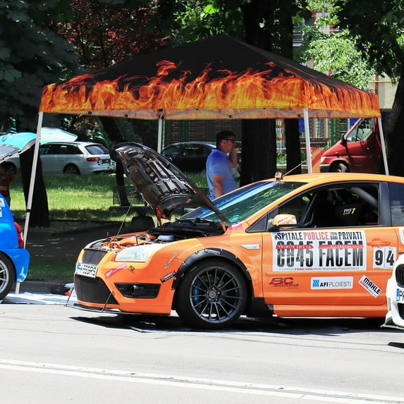 EAGLE PEAK 10x10 Slant Leg Pop Up Canopy Tent Easy One Person Setup Instant Outdoor Beach Canopy Folding Portable Sports Shelter 10x10 Base 8x8 Top(Flame)