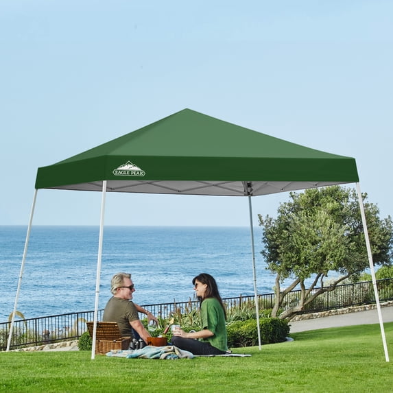 EAGLE PEAK 10x10 Slant Leg Pop Up Canopy Tent Easy One Person Setup Instant Outdoor Beach Canopy Folding Portable Sports Shelter 10x10 Base 8x8 Top(Green)