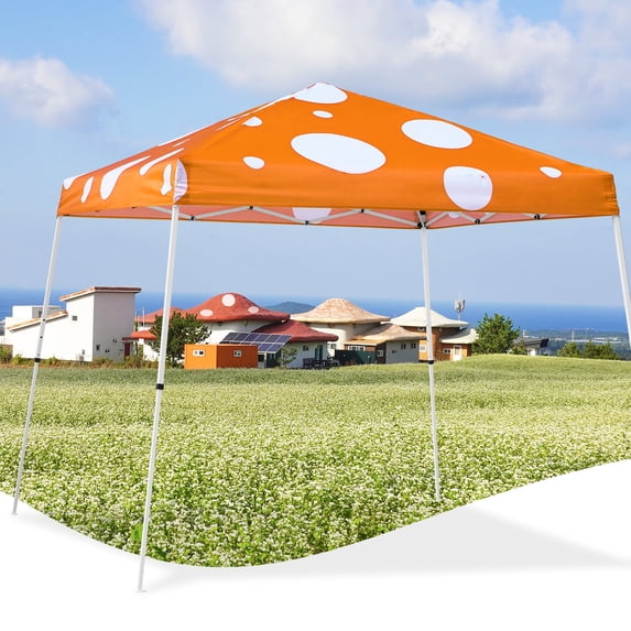 EAGLE PEAK 10x10 Slant Leg Pop Up Canopy Tent Easy One Person Setup Instant Outdoor Beach Canopy Folding Portable Sports Shelter 10x10 Base 8x8 Top(Orange Mushroom)