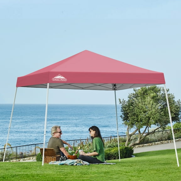 EAGLE PEAK 10x10 Slant Leg Pop Up Canopy Tent Easy One Person Setup Instant Outdoor Beach Canopy Folding Portable Sports Shelter 10x10 Base 8x8 Top(Peach Pink)