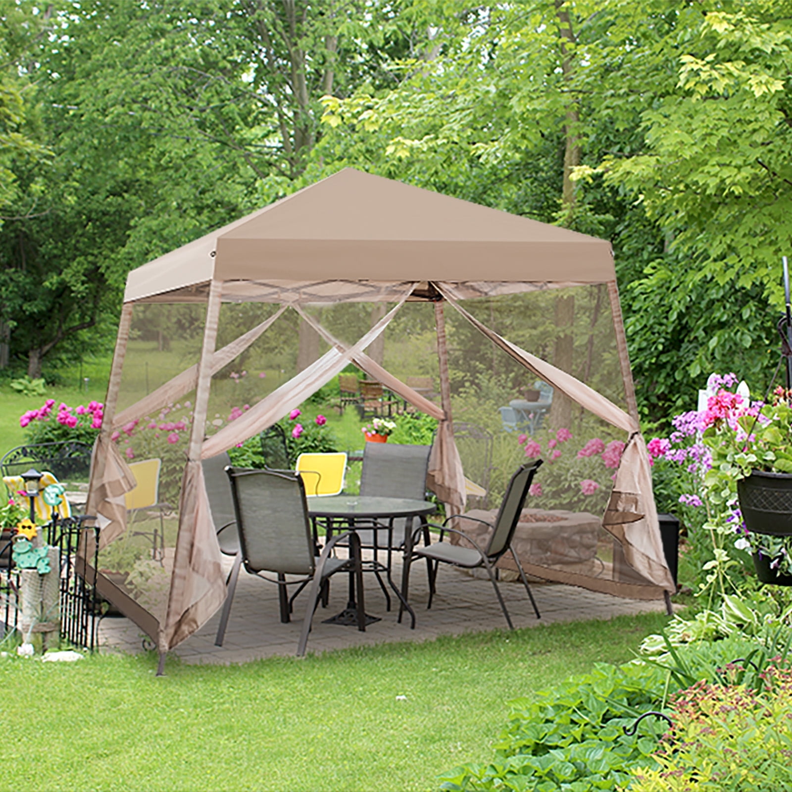 EAGLE PEAK 10x10ft Slant Leg Easy Setup Pop-up Canopy Tent with Mosquito Netting 64 Sqft of Shade, Beige