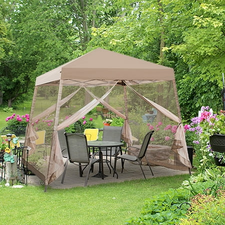 EAGLE PEAK 10x10ft Slant Leg Easy Setup Pop-up Canopy Tent with Mosquito Netting 64 Sqft of Shade, Beige
