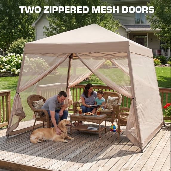 EAGLE PEAK 10x10ft Slant Leg Easy Setup Pop-up Canopy Tent with Mosquito Netting 64 Sqft of Shade, Beige