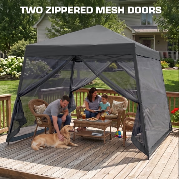 EAGLE PEAK 10x10ft Slant Leg Easy Setup Pop Up Canopy Tent with Mosquito Netting 64 sqft of Shade, Gray
