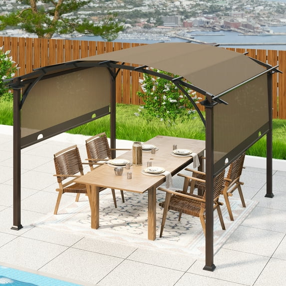 EAGLE PEAK 11.4 x 11.4 FT Outdoor Pergola with Retractable Shade Canopy, Wood Grain Frame, Tan Top