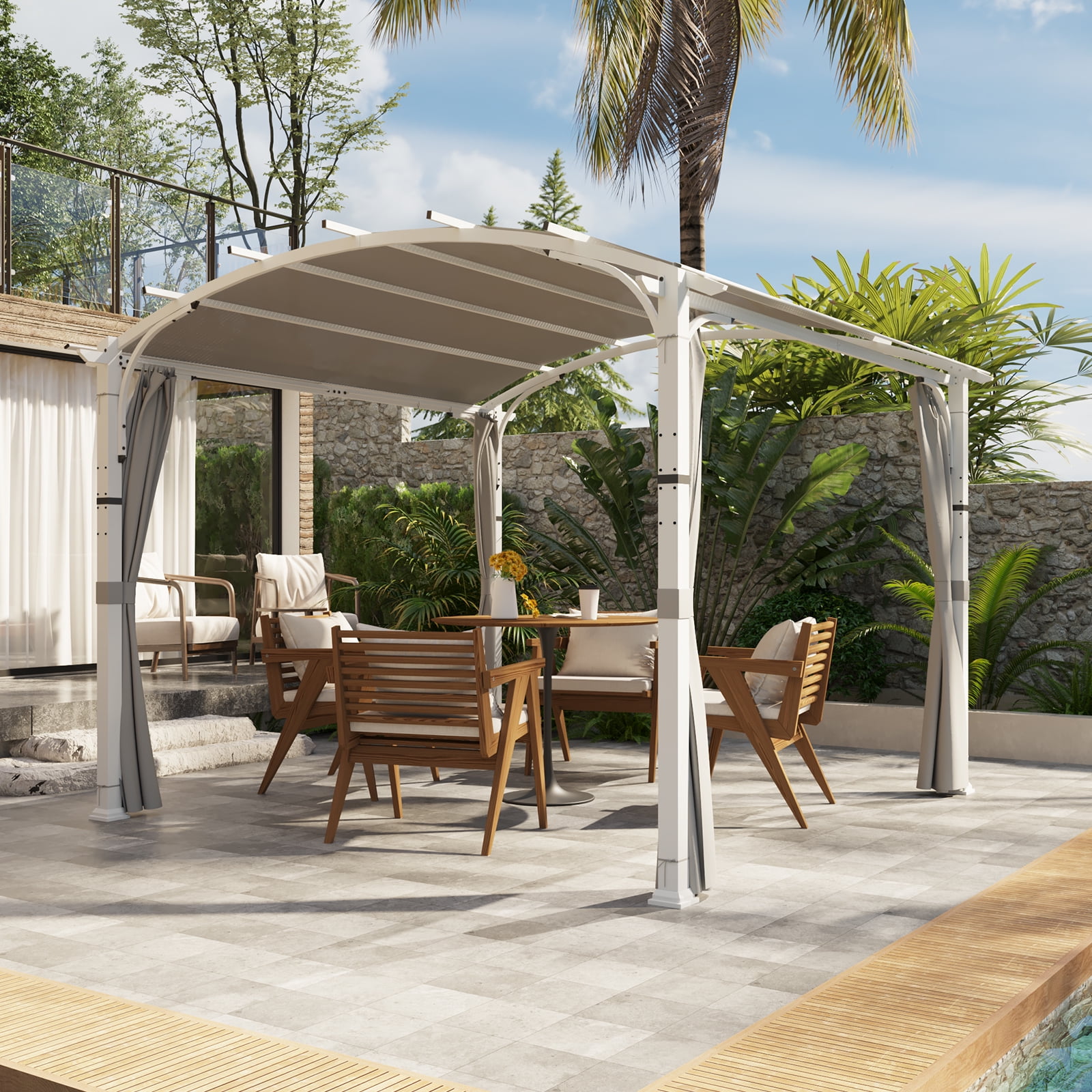 Gray Steel 11x11 Outdoor Pergola with Canopy and Curtains
