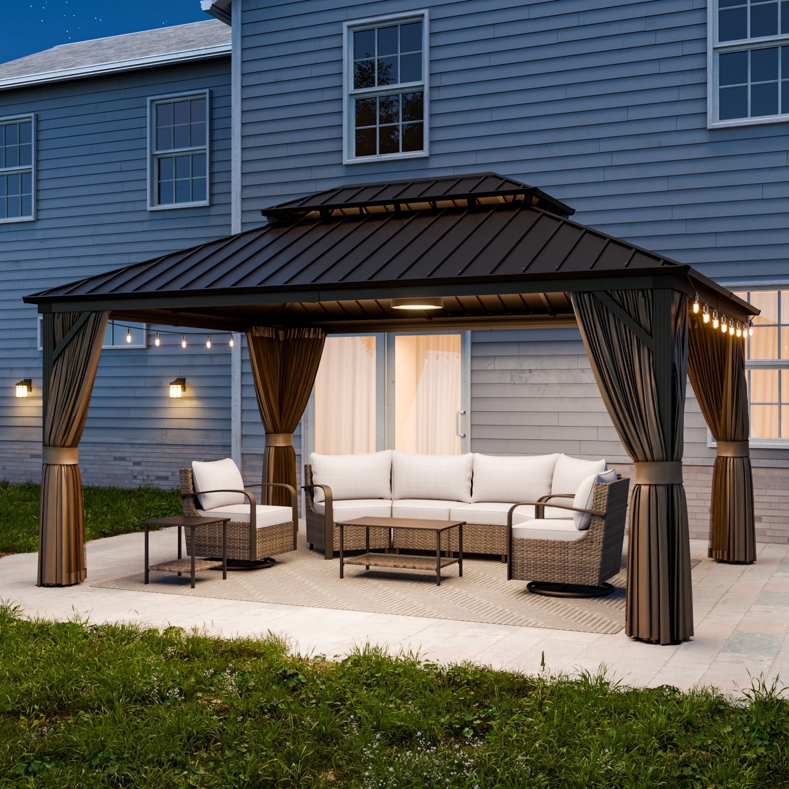 Brown 12' x 16' Aluminum and Steel Hardtop Gazebo with Curtains