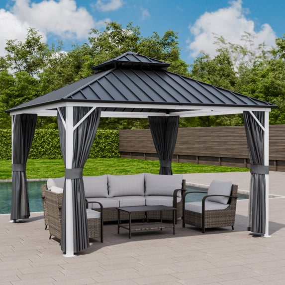 EAGLE PEAK 12'x14' Outdoor Patio Hardtop Gazebo with Aluminum Frame, Galvanized Steel Double Roof with Netting and Curtains, White/Gray