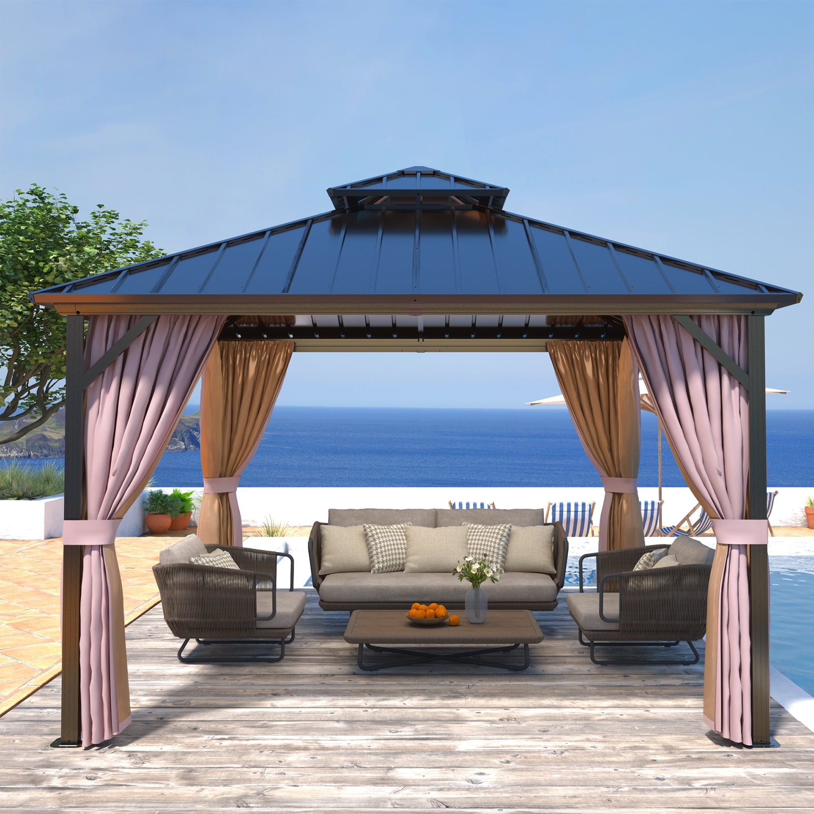12x12 Brown Aluminum Frame Hardtop Gazebo with Curtains
