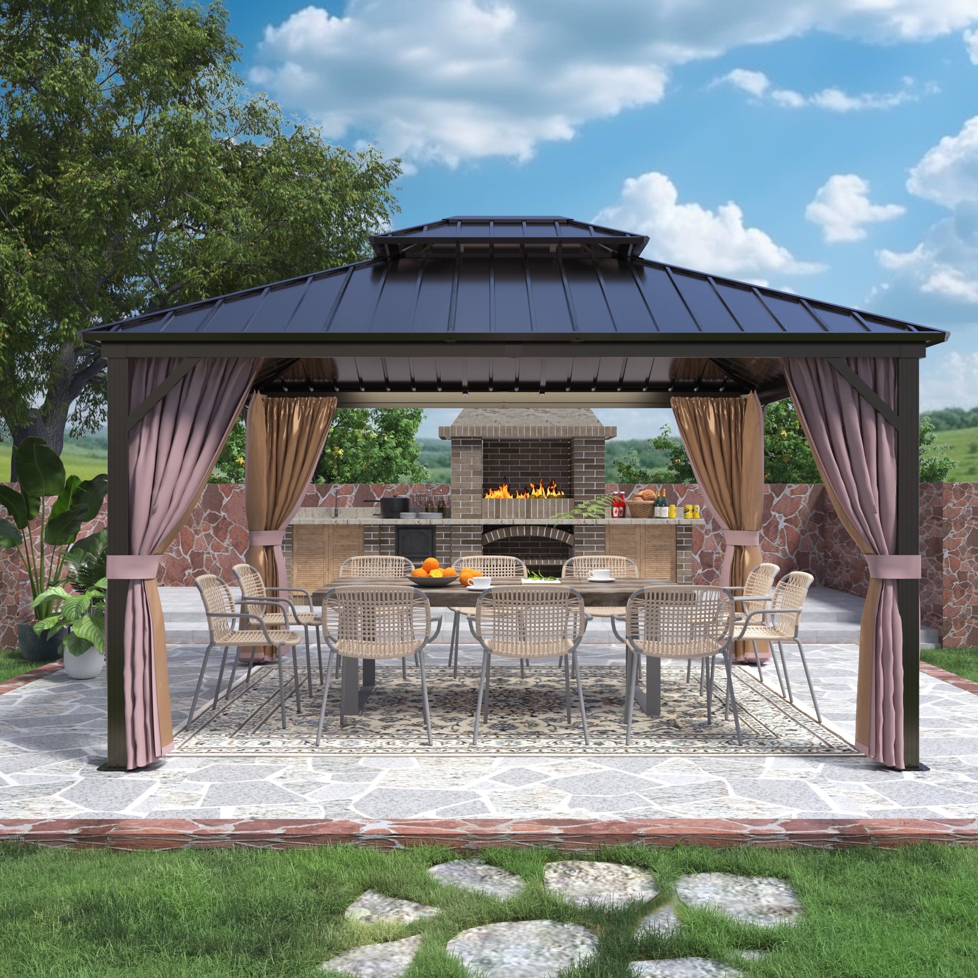 EAGLE PEAK 12x14 Brown Aluminum Frame Hardtop Gazebo with Curtains