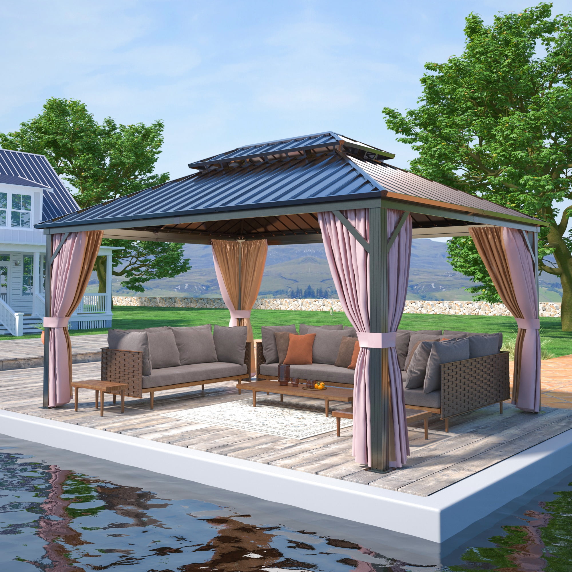 12x16 Brown Aluminum Frame Hardtop Patio Gazebo with Curtains