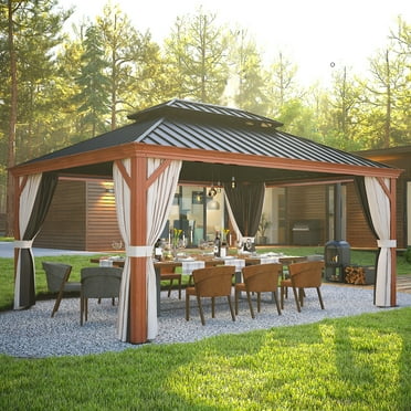 EAGLE PEAK 12x16 Outdoor Wood Look Aluminum Frame Gazebo with Galvanized and Powder Coated Steel Double Roof, Includes Netting and Curtains