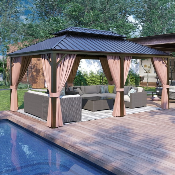 EAGLE PEAK 12x18 Outdoor Aluminum Frame HardtopGazebo with Galvanized & Powder Coated Steel Double Roof, Includes Netting and Curtains, for Garden, Patio, Deck and Lawn