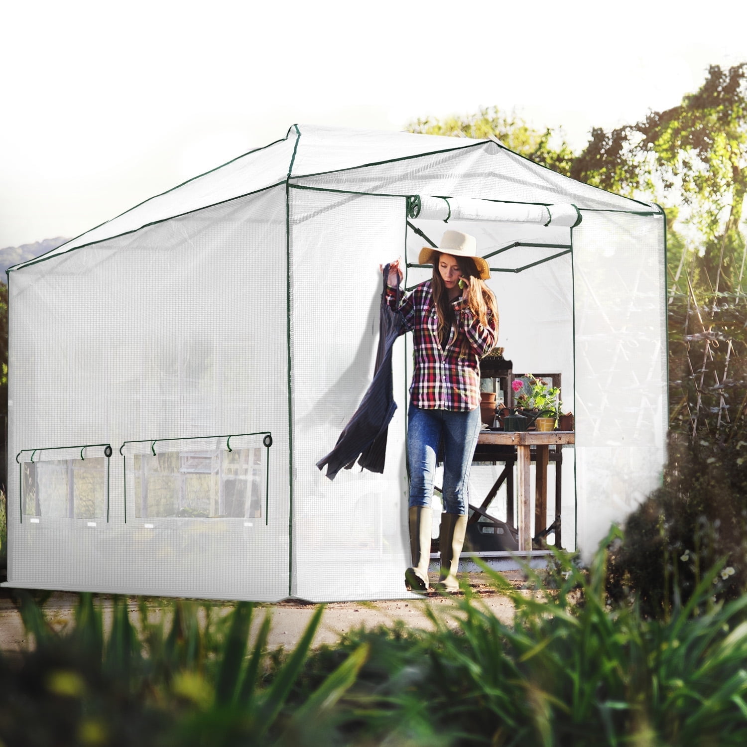 Eagle Peak 12x8 White Portable Walk-In Greenhouse with PE Cover