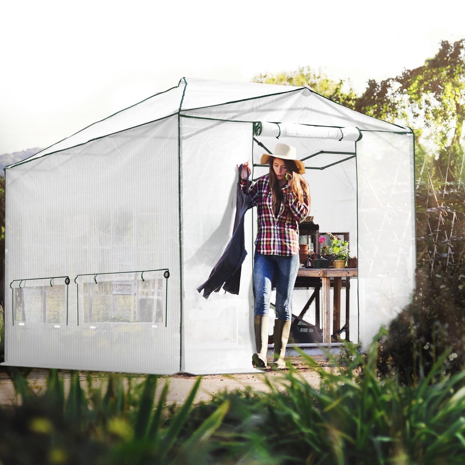 EAGLE PEAK 12x8 Portable Large Walk-in Instant Greenhouse with Support Pole, Pop-up Easy Setup Outdoor Plant Gardening Green House Canopy, White
