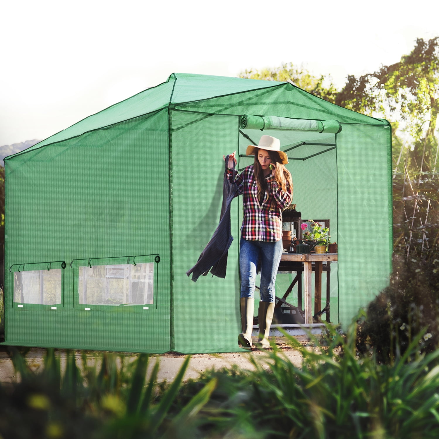 EAGLE PEAK 12x8 Portable Large Walk-in Instant Greenhouse with Support Pole, Pop-up Outdoor Plant Gardening Green House Canopy, Green