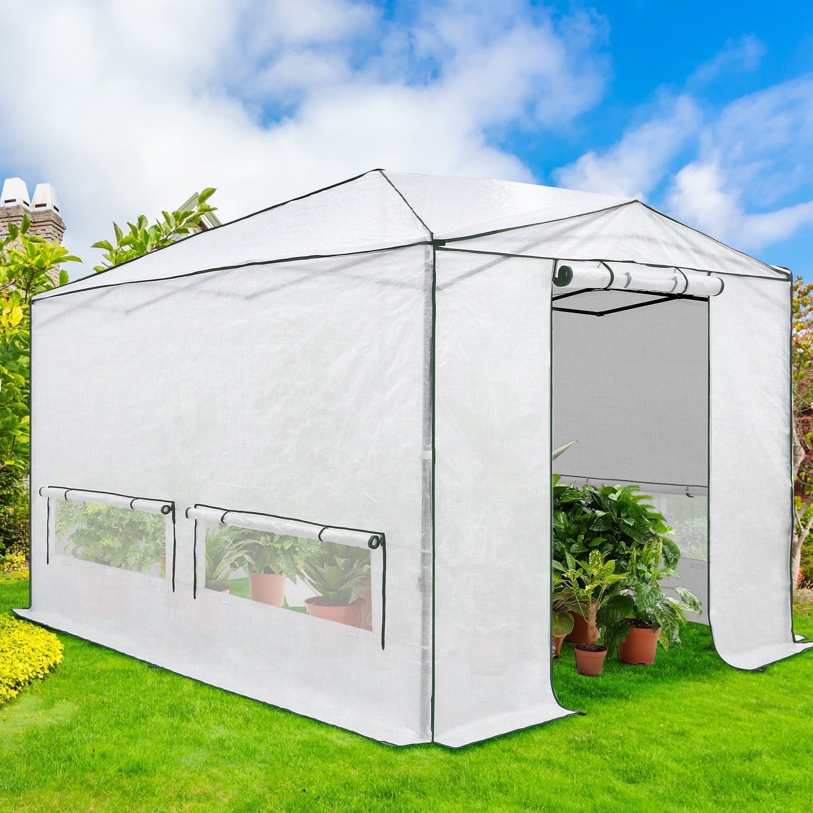 EAGLE PEAK 12x8 Portable Walk-in Greenhouse with Support Pole, Pop-up Outdoor Plant Gardening Green House, Woven White