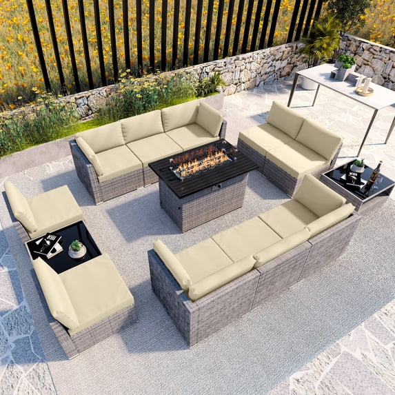EAGLE PEAK 13 Piece Outdoor Wicker Patio Furniture Set with Fire Table and 2 Coffee Tables, PE Rattan Sectional Conversation Sofa Set with Seating for 10 People, Beige