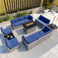 thumbnail image 1 of EAGLE PEAK 13 Piece Outdoor Wicker Patio Furniture Set with Fire Table and 2 Coffee Tables, PE Rattan Sectional Conversation Sofa Set with Seating for 10 People, Dark Blue, 1 of 8