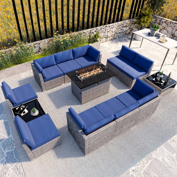 EAGLE PEAK 13 Piece Outdoor Wicker Patio Furniture Set with Fire Table and 2 Coffee Tables, PE Rattan Sectional Conversation Sofa Set with Seating for 10 People, Dark Blue