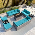 thumbnail image 1 of EAGLE PEAK 13 Piece Outdoor Wicker Patio Furniture Set with Fire Table and 2 Coffee Tables, PE Rattan Sectional Conversation Sofa Set with Seating for 10 People, Light Blue, 1 of 9
