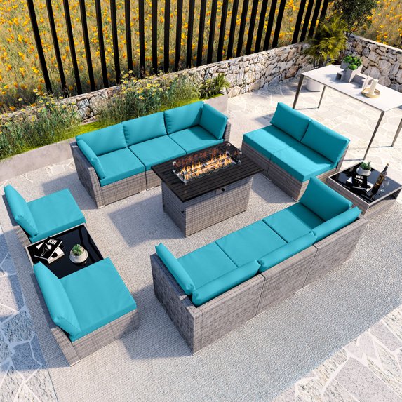 EAGLE PEAK 13 Piece Outdoor Wicker Patio Furniture Set with Fire Table and 2 Coffee Tables, PE Rattan Sectional Conversation Sofa Set with Seating for 10 People, Light Blue
