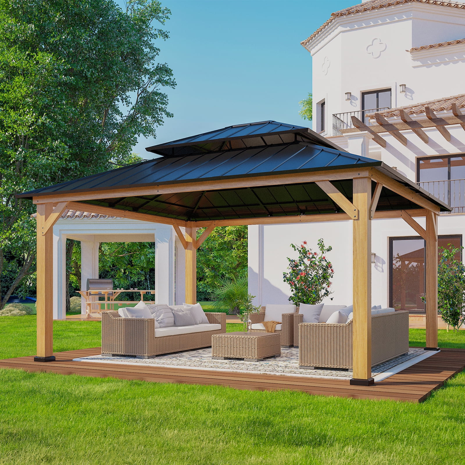 13x15 Cedar and Black Steel Double Roof Gazebo